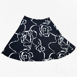 80s Vintage Black White Floral High Waisted Flare USA Made Midi Skirt Size 14